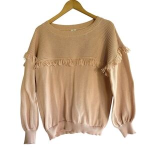 Grace‎ & Karma Sweater Women's Large Pink Fringe Chunky Knit Balloon Sleeves
